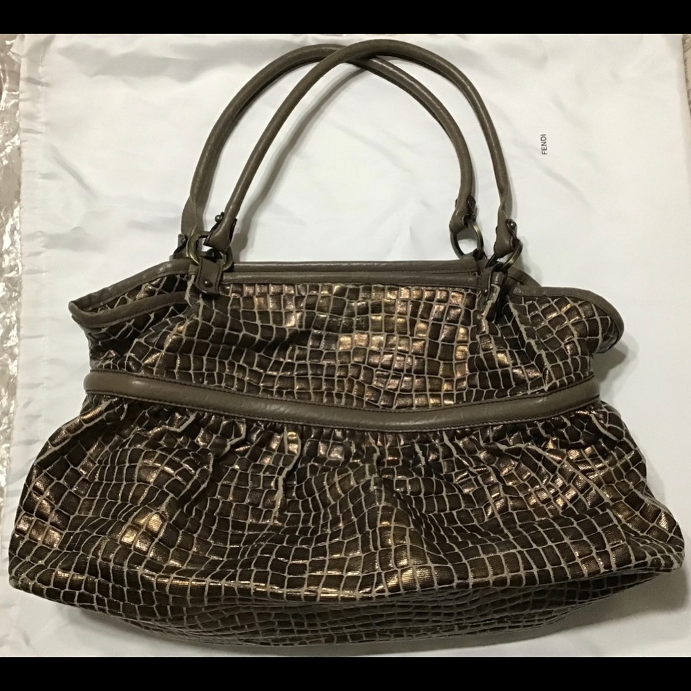FENDI Tote, Genuine, Embossed Bronze Croc Print